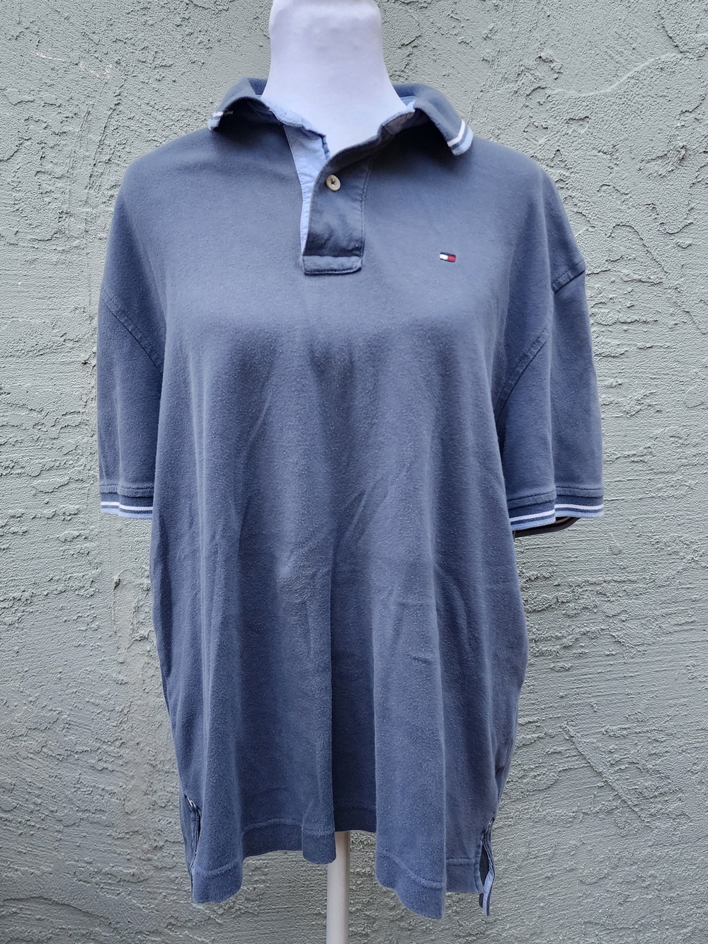 Tommy Hilfiger Men’s Washed Blue Polo Shirt Striped Trim Size L